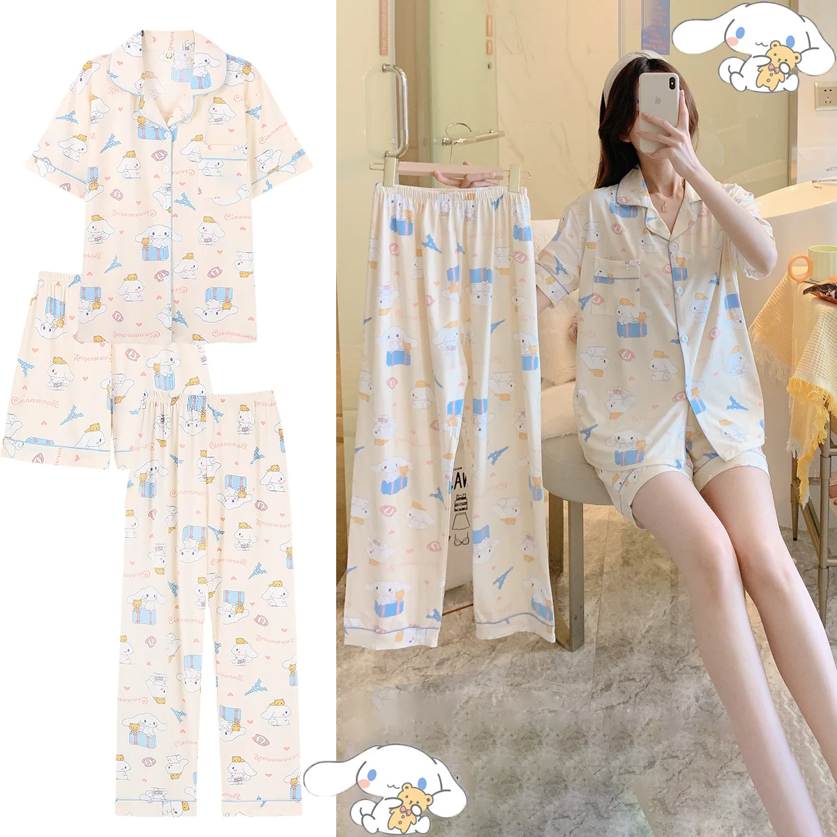 

Kawaii Sanrios Cinnamonroll аниме мультфильм женский пижамный комплект Короткие рукава шорты брюки отложной воротник Повседневная Домашняя одежда подарки