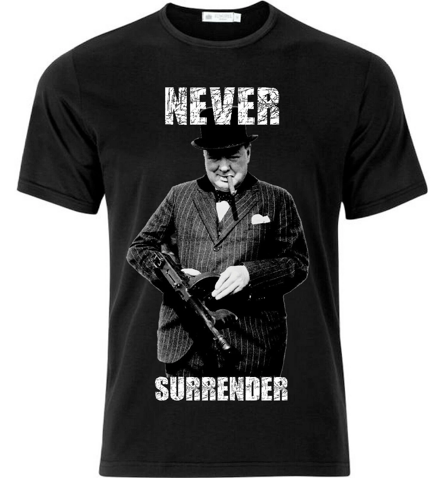 

Never Surrender Winston Churchill Darkest Hour Oversized Print T Shirt Black