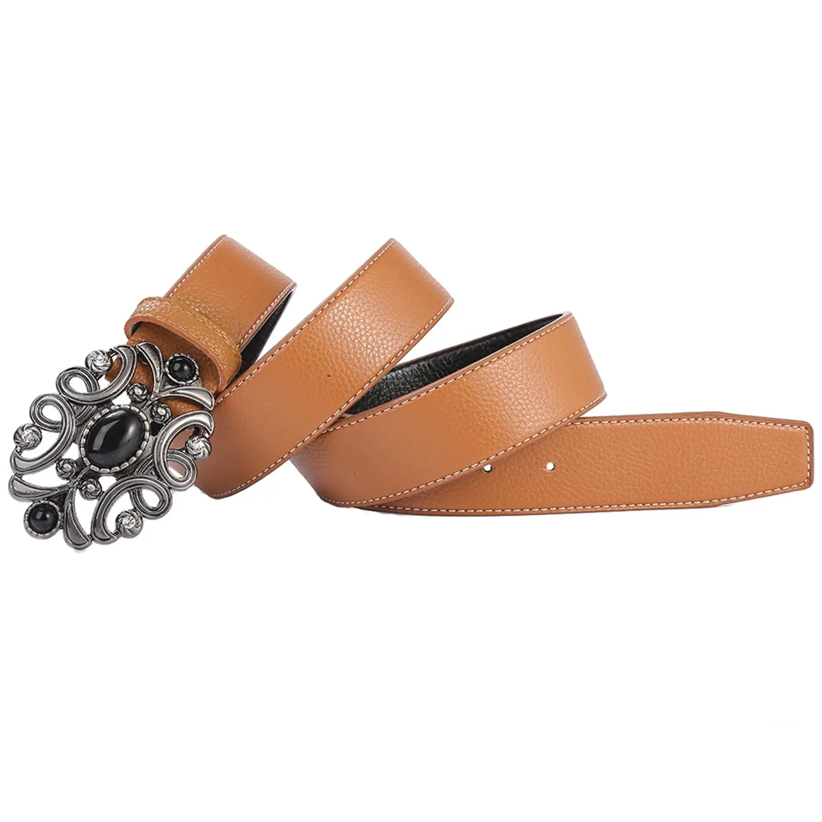 120cm PU Leather Belt Floral Engraved Buckle Reusable Waist Belt Fashion Strap Western Belt for Stage Props Cosplay Adult Cowboy
