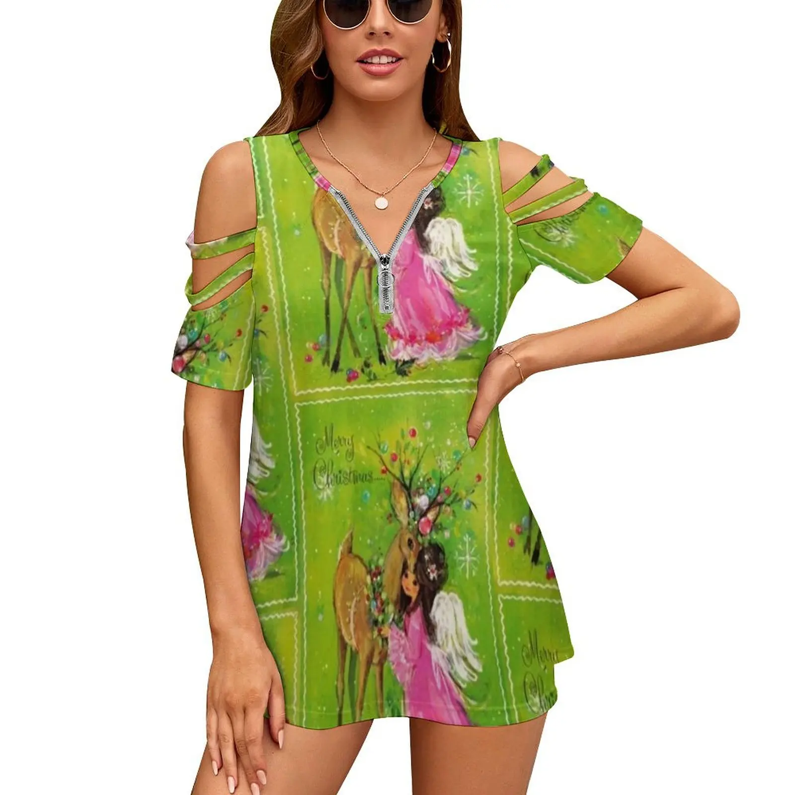 

Женская Винтажная футболка на молнии с принтом рождественского оленя