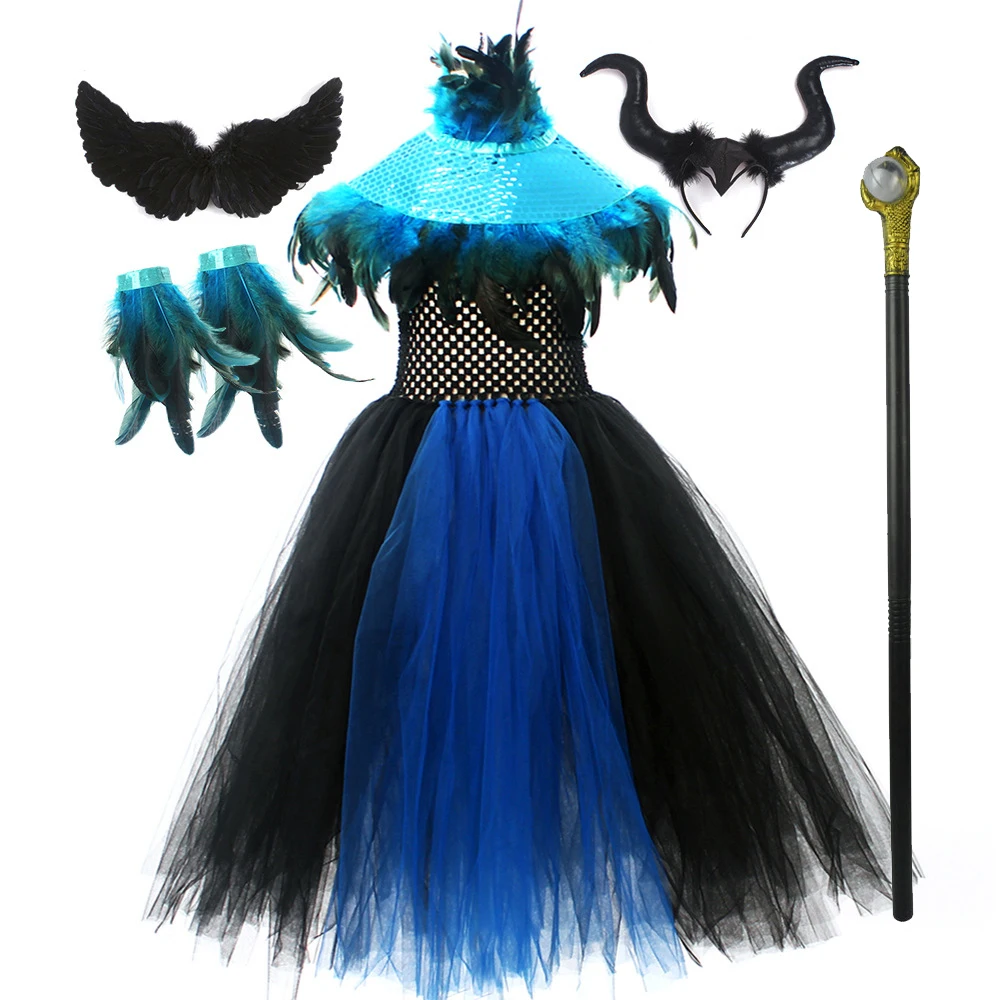 2023 Halloween Girl Sequin Witch Cosplay Costumes Kids Black Evil Coser with Feather Witch Long Dress Cosplay Role Playing Dress images - 6