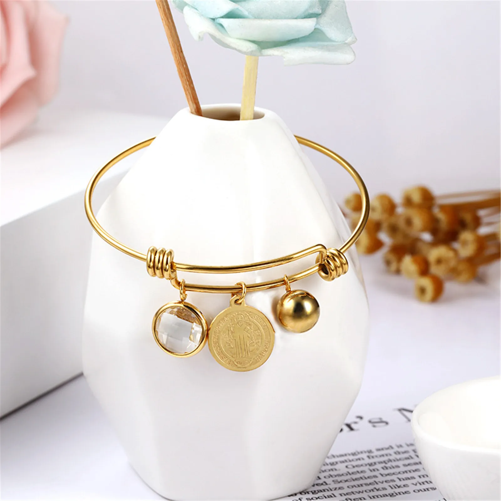 

San Benito Stainless Steel Adjustable Bracelet Gold Color Punk Style Fashion Religious Exorcism Bangle Saint Benedict