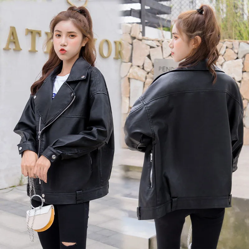 2022 winter  Autumn Leather Coat Women's Short Korean Fashion Loose Student Bf Motorcycle Leather Jacket  Korean Black Loose Top