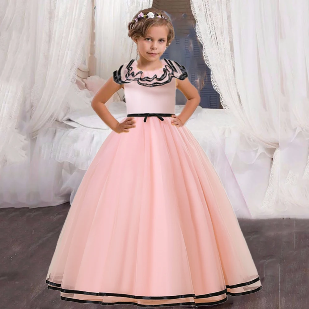 

Длинное розовое платье с цветочным принтом для девочек, официальное банкетное элегантное кружевное бальное платье с бантом, для дня рождения, торжества, вечеринки