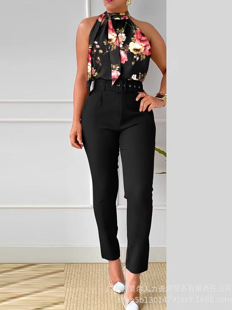 Женский брючный костюм с цветочным принтом летний комплект из двух предметов топ