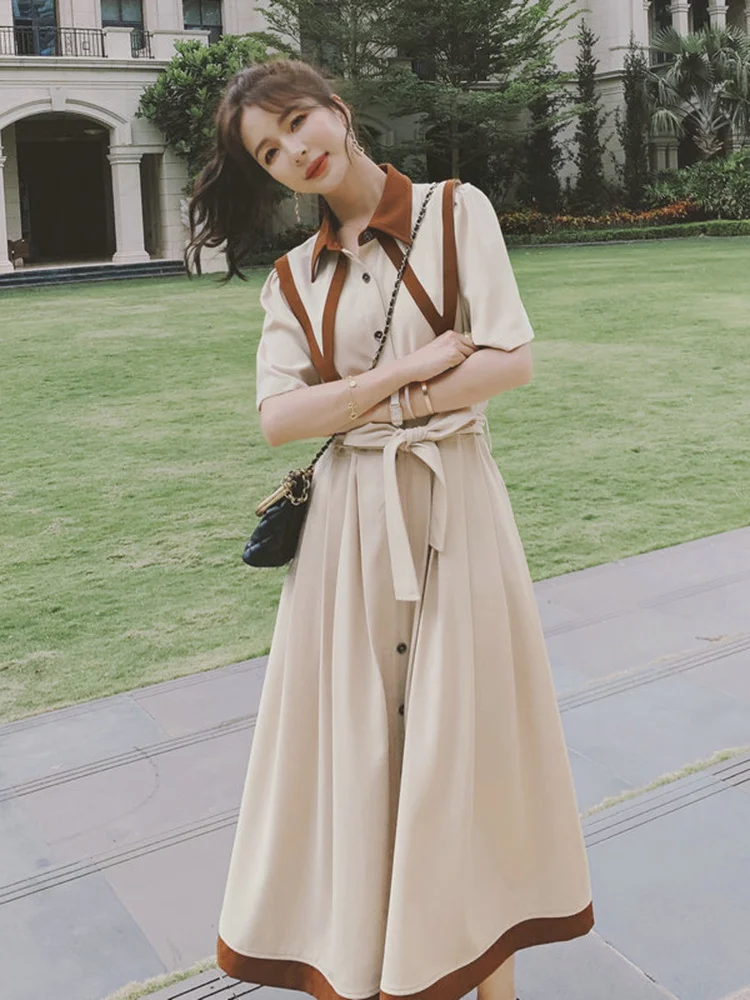 

Women Cotton Linen Dress Folds Slim Fit Short Sleeve Sashes Lapel Solid Color A-line Female Clothing 2022 Fashion B236