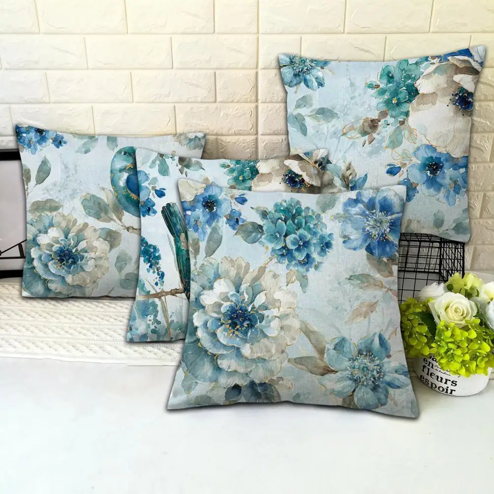 

Cushion Case Soft Touch Dustproof Flax Retro Bird Flower Printed Cushion Throw Case Furniture Accessories