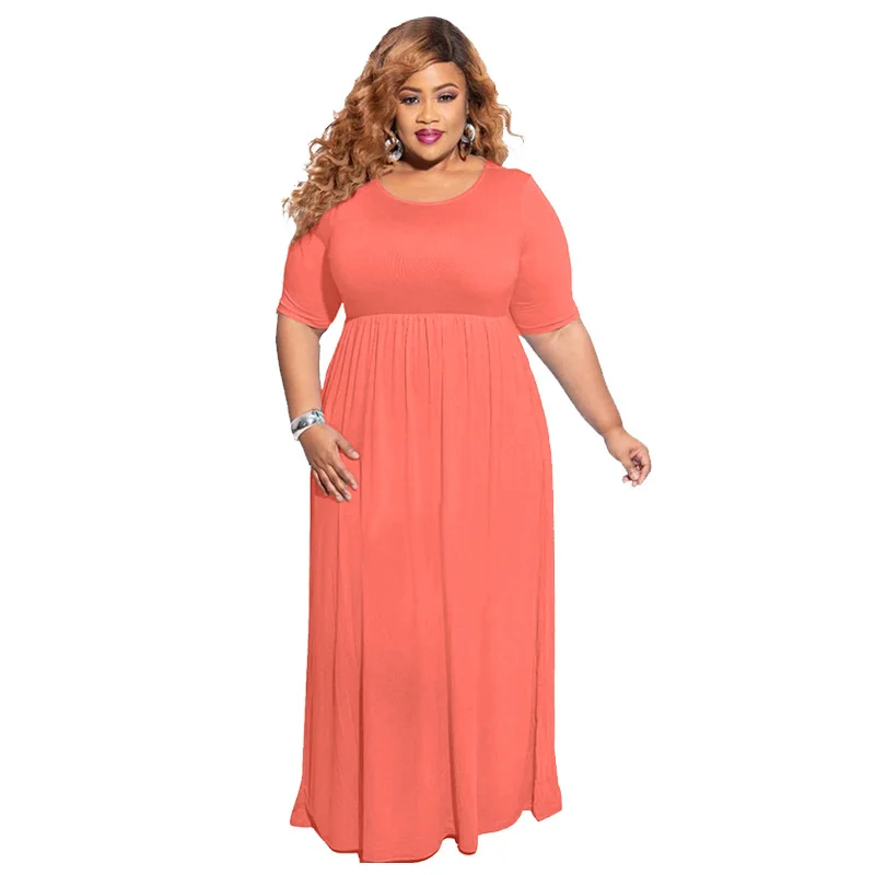 Plus Size Summer Round Collar Women Maxi Dresses Solid Short Sleeves Loose Casual Long Dresses Oversize 4xl 5x 3xl 4xl 5xl 6xl