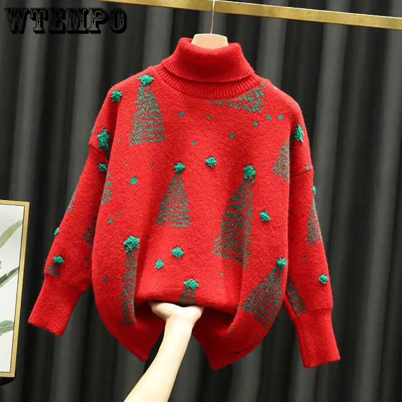 

Christmas Red Turtleneck Sweater Women's Autumn Winter Vintage Casual Loose Pullovers Long Sleeve Christmas Tree Knitted Tops
