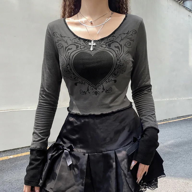

Punk Streetwear Print Tops Vintage Short-Sleeved Crop Clothes Heart Graphic T Shirts Female Y2K Slim Long Sleeve Tank Tops