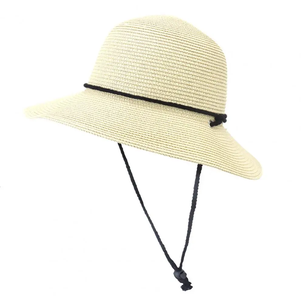 

Women Hat Solid Color Soft Sunscreen Unisex Lightweight Super Breathable Fasten String Round Shape Anti-UV Summer Hat for Beach