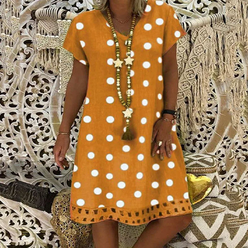 

FAKUNTN 2021 S-5XL Plus Size Dot Dress Loose Ladies Orange Yellow Summer Dresses For Women Casual Clothes Pareos De Playa Mujer