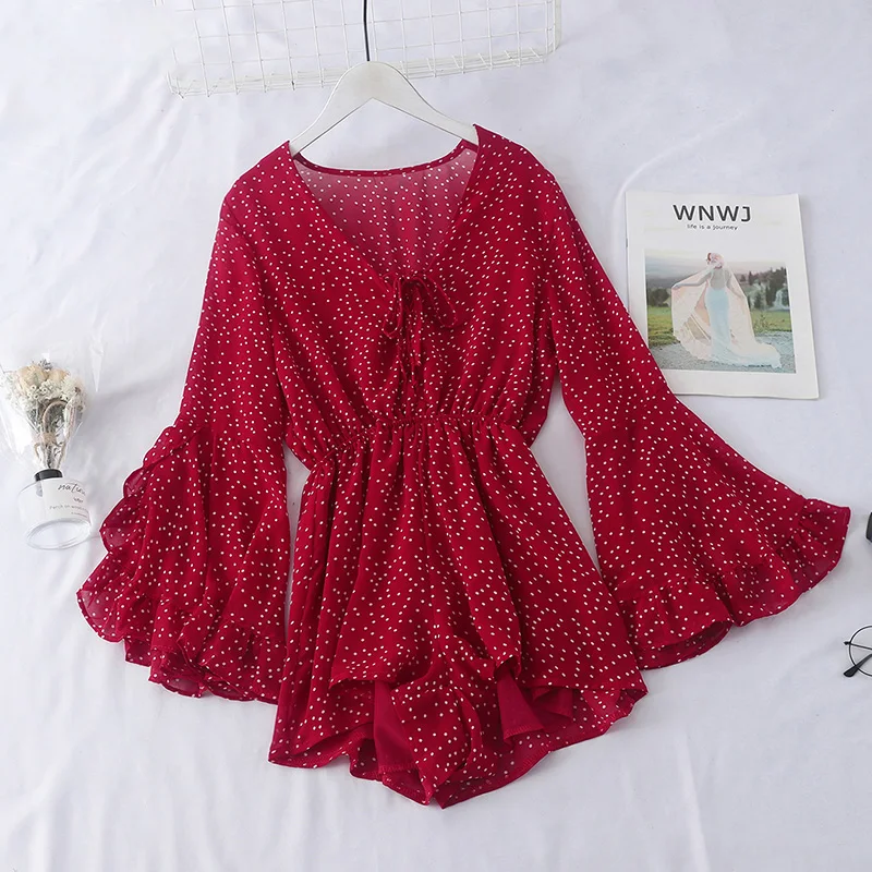 

Itoolin Women Autumn Rompers With Saches Polka Dot Playsuit Holiday Women Flare Sleeve Beach Playsuit Women Spring Summer