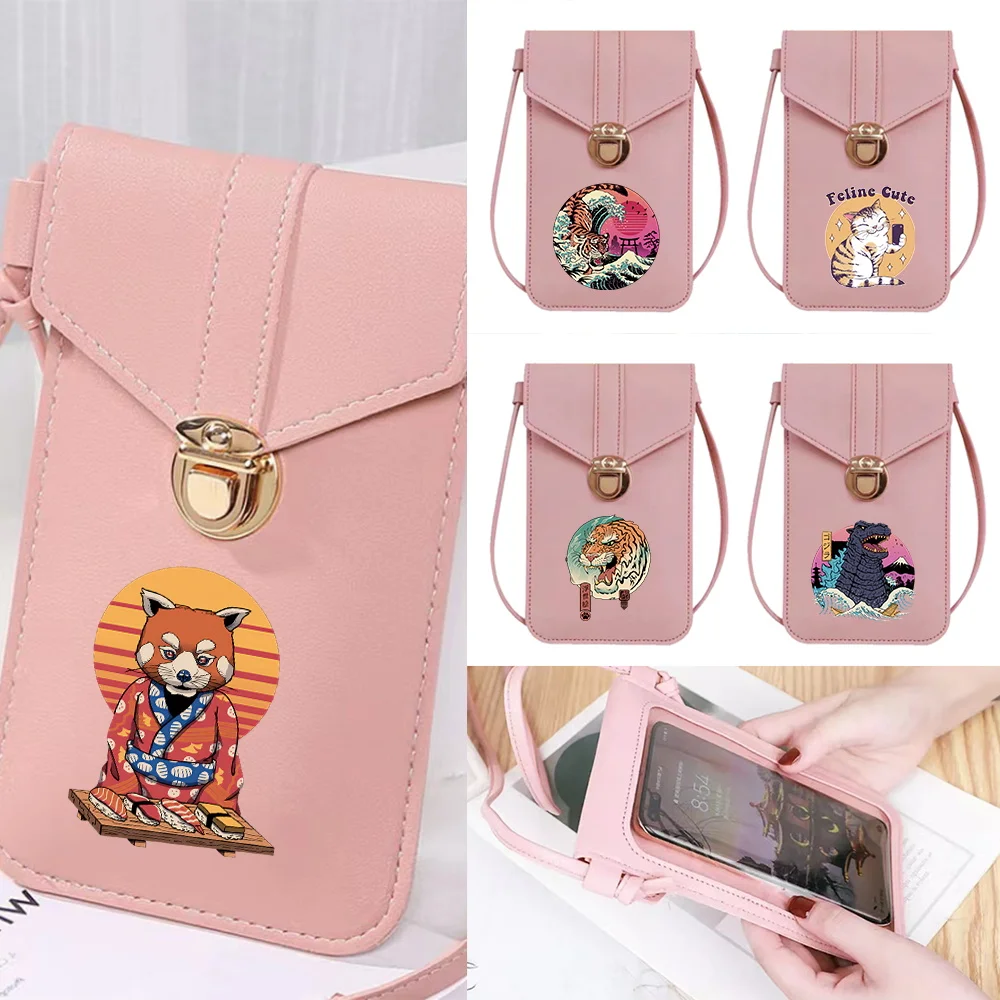 

Pu Leather Wallets Touch Screen Mobile Phone Bag Women Crossbody Bag Card Holder Japan Cat Print Shoulder Pack Storage Packet