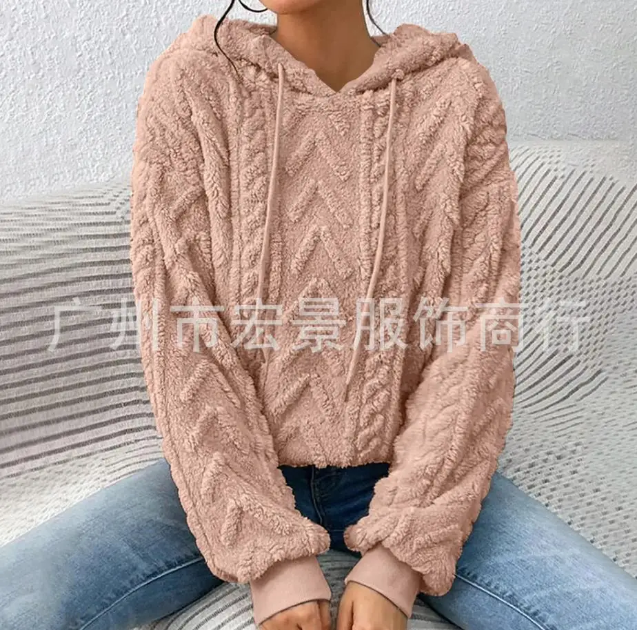 

Fashion Casual Long Sleeve Hoodie 2023 Autumn Winter Spring Fuzzy Cable Textured Drawstring Female Pullover Commuting Style