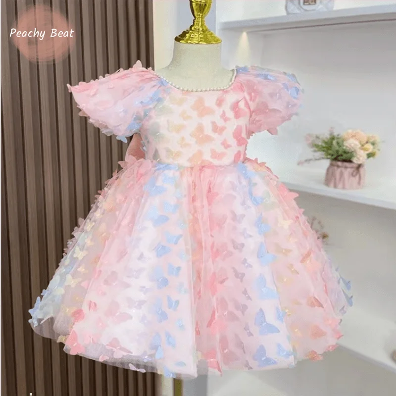 

Baby Girl Princess Tutu Dress 3D Butterfly Infant Toddler Child Teen Bow Pearl Vintage Vestido Party Birthday Baby Clothes 2-14Y