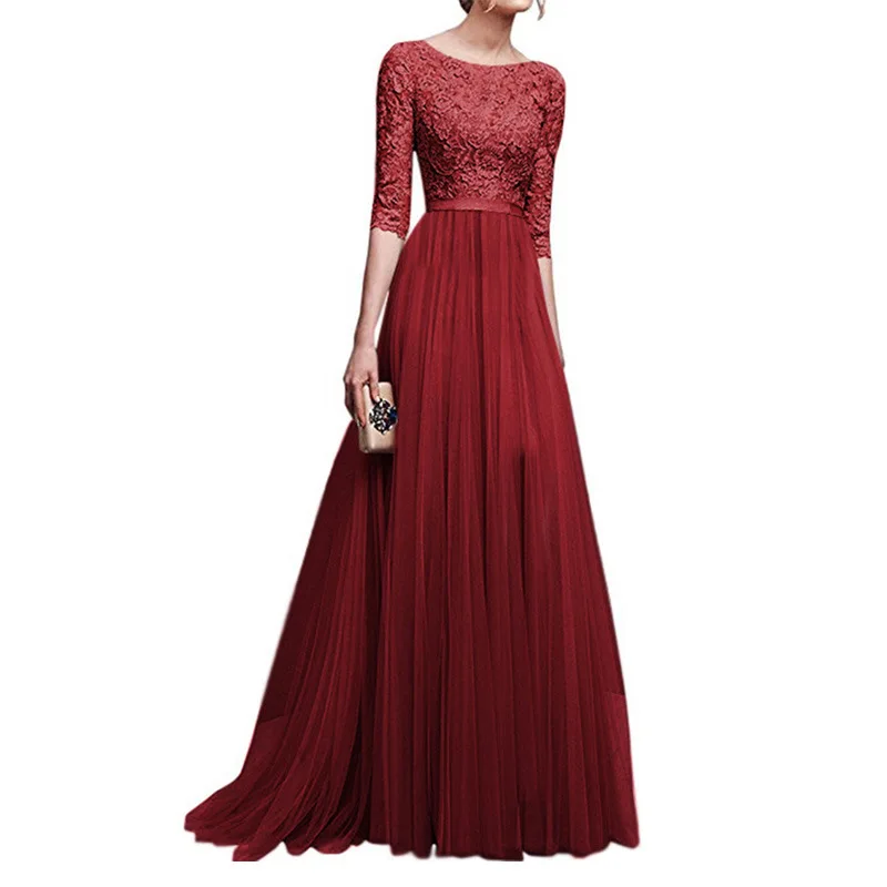 

Spring Fall Women New Lace Evening Dress Office Lady O Neck Chiffon Floor Length Dresses Half Sleeve Elegant Fashion Clothing