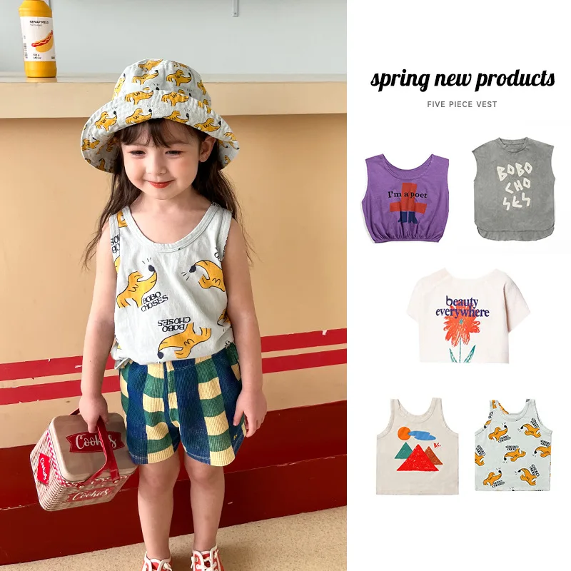 

Children's Vest 2022 Spring and Summer Ins New Product Children's Girls Cartoon Multicolor Printing Sleeveless Short Vest