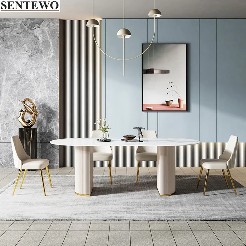 

Luxury Rock Slab Dining Table Set 6 Dinner Chairs Stainless Steel and Leather Base Faux Marble Tables Furniture кухонный стол