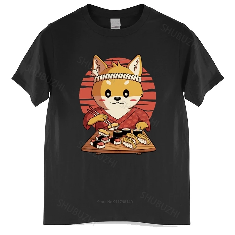 

Cotton Tshirt Men Crew Neck Tops Kawaii Shiba Inu Dog T Shirt Funny Eating Japanese Sushi Tshirt Cotton Brand T-shirt