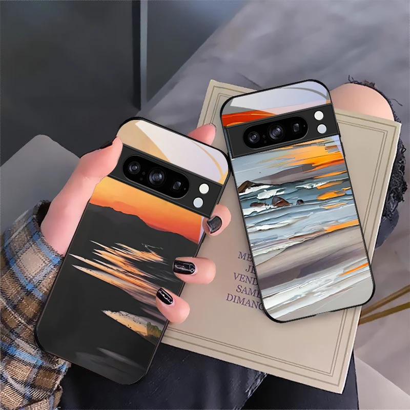 Beach Waves Blue для Google Pixel 8 P ixel 7 Pi xel 7A Pix el 8A G oogle 9 9A 9Pro Pixe l 9Pr o XL Черный стеклянный чехол
