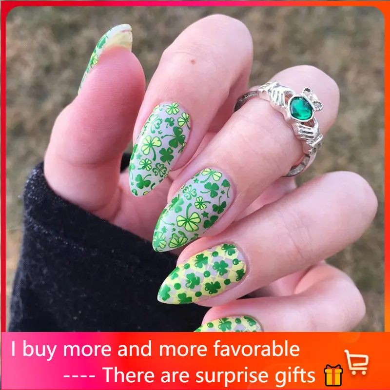 

24Pcs St. Patrick's Day French Tip Press on Nails Short Square Fake Nails Green Shamrocks Design False Nail Glossy Acrylic Nails