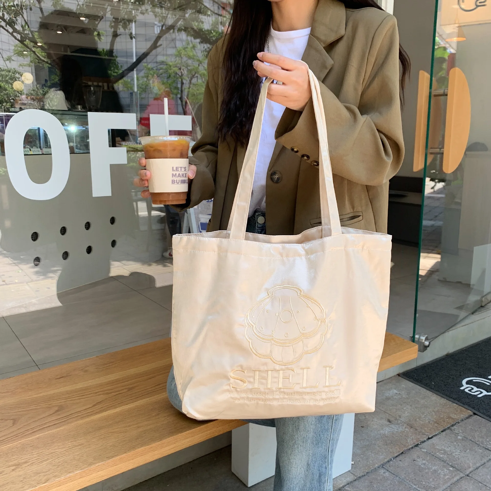 

Сумки на плечо из перламутровой ткани для женщин, повседневные холщовые тоуты с вышивкой, вместительные женские школьные портфели для покупок