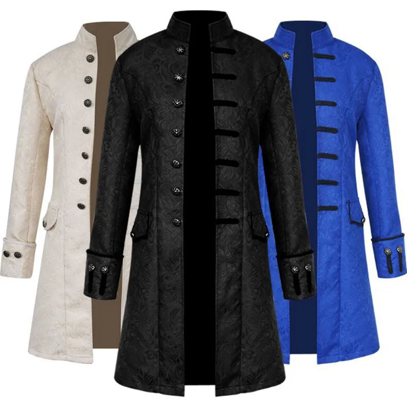 

2022Men Vintage Jacquard Punk Jacket Velvet Trim Steampunk Jacket Long Sleeve Gothic Brocade Jacket Frock Uniform Coat
