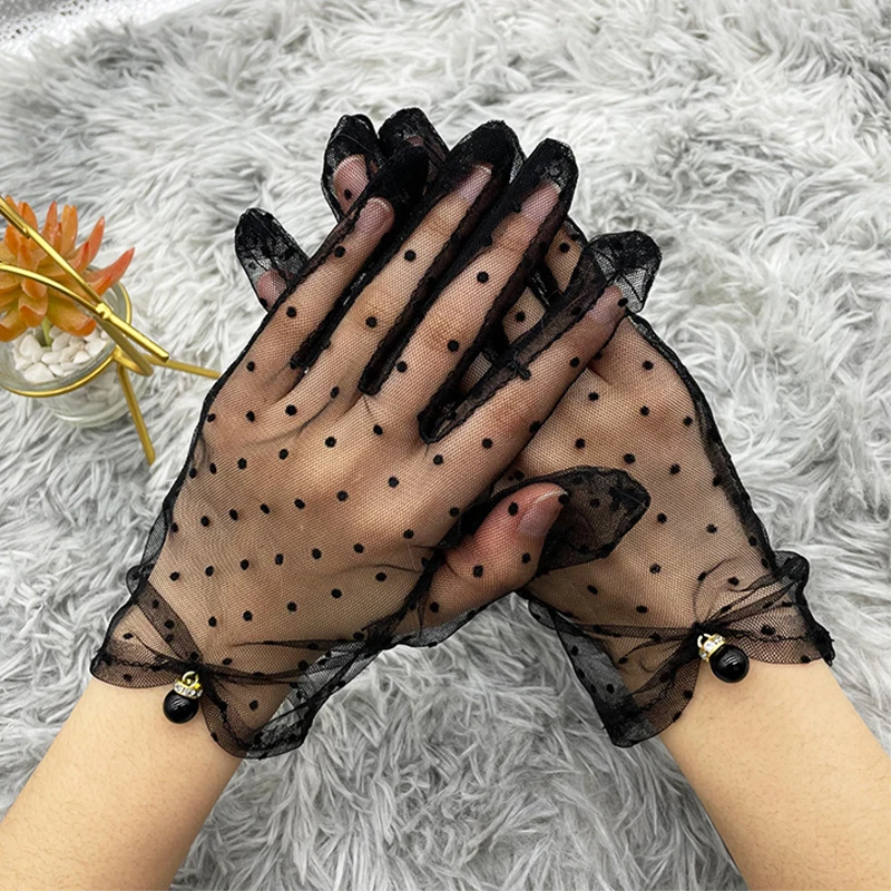 

Women's Sexy Guantes Transparentes Dot Print Black White Mesh Tulle Gloves Female Club Prom Party Dancing Dress Glove