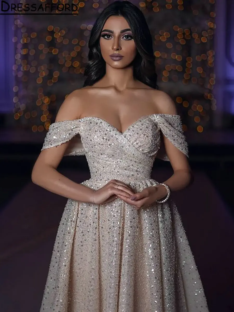 

Champagne Sequined Beading Dubai Evening Dresses A-Line Off The Shoulder Pleat Saudi Arabic Formal Party Gown