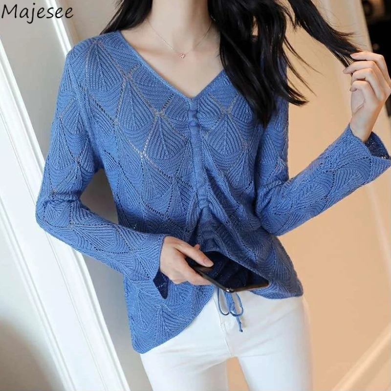 

V-neck Hollow Out Design Sweater Pullovers Women Autumn Slim Fashion Leisure Cozy Thin Elegant All-match Ulzzang Stylish Basic