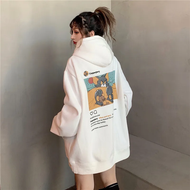 

Cartoon Printed Student Autumn Harajuku Hoodies Streetwear Women Loose Cute Hooded BF Style Hoodies Girls Kawaii Casual Tops