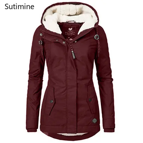 Winter Clothes Women Button Hooded Plush Thickened Cotton Padded Clothes Pockets Zippers Slim  Winter Coat Women