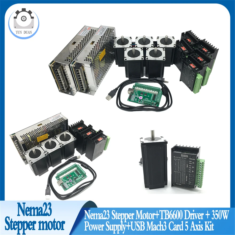 Nema23 Stepper Motor+TB6600 Driver+350W Power Supply+USB Mach3 Card 5 Axis Kit 1.2/2/3Nm Motor 8mm Shaft Diameter cnc Motor Kit