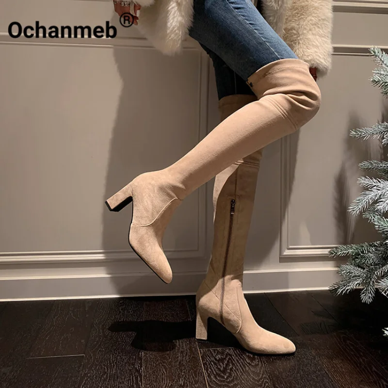 

Ochanmeb Designer Women Stretch Suede Thigh Boots Thick High Heels Black Nude Over-the-Knee Zipper Boots Ladies Size 33-41 Shoes