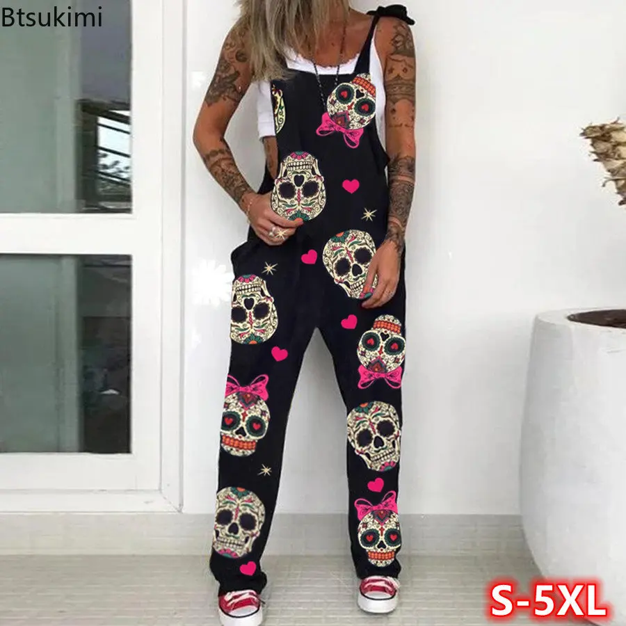 

Women Skull Chrysanthemum Print Rompers for Streetwear Patchwork Design Bandage Pockets Decor Sling Sleeveless Casual Jumpsuits