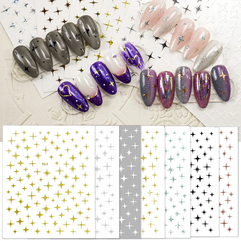 

3Sheets Nail Art Stickers Love Heart Star With Adhesive Nail Decals Black/White/Gold/Silver DIY Manicure Decorations Accessories
