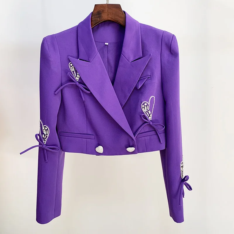 HIGH STREET Newest 2023 Designer Runway Jacket Women's Love Heart Diamonds Beaded Buttons Short Blazer