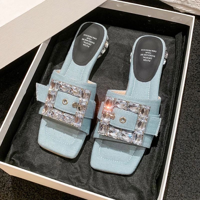 

Crystal Mid Heels Shoes Women Slippers 2023 New Fashion Flip Flops Sandals Summer Casual Open Toe Shoes Beach Dress Slides