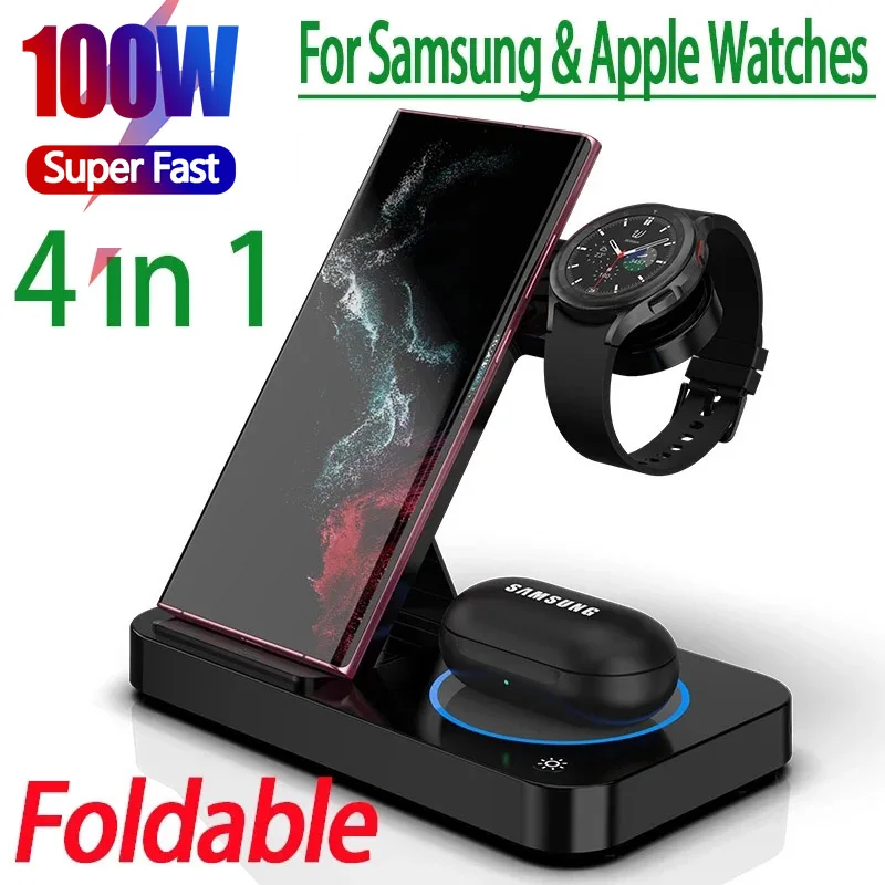 

100W 4 in 1 Foldable Wireless Charging Station For iPhone15 14 13Pro Apple Watch 7/6 For Samsung Galaxy Watch Chargers 4/3 S22