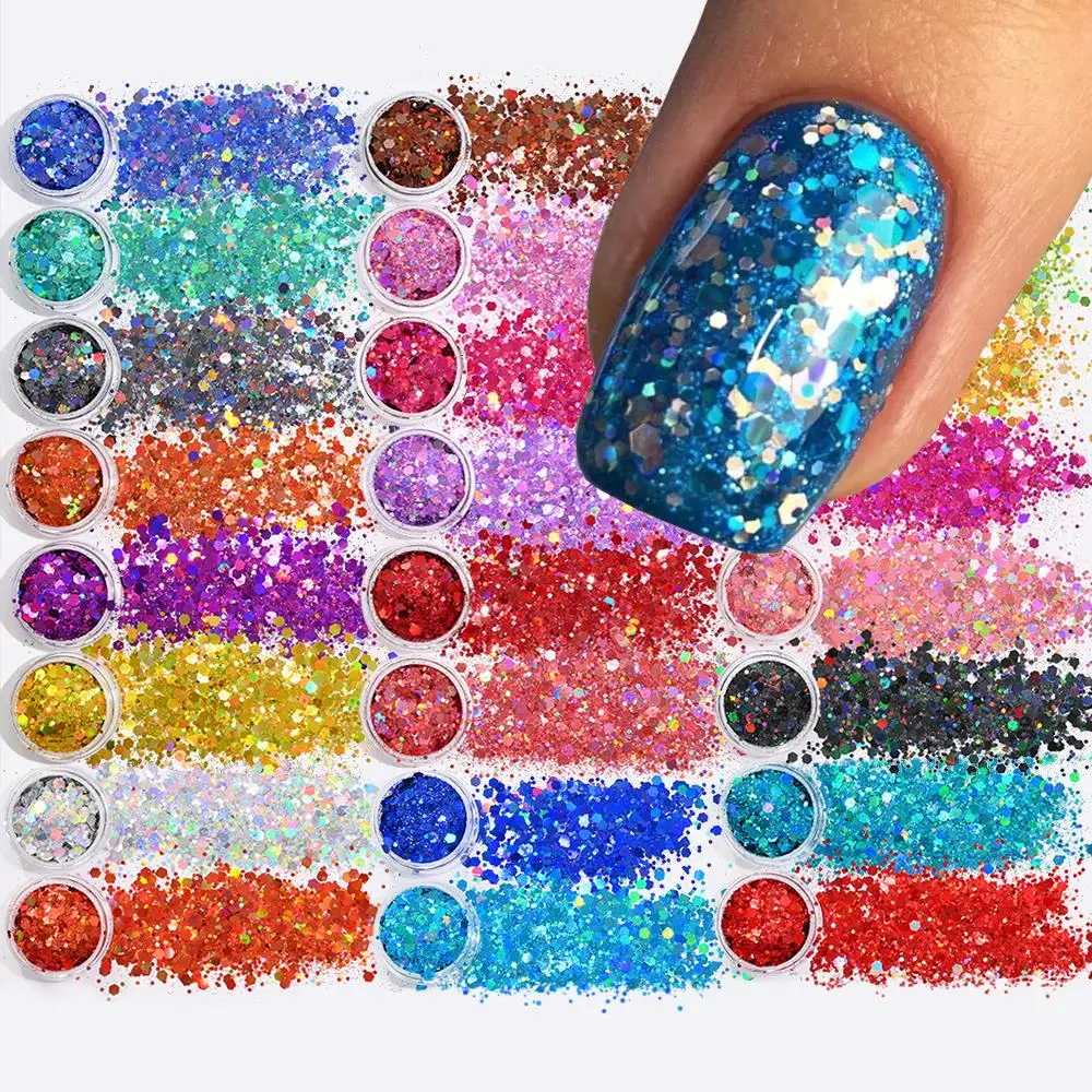 

24Pcs Holographic Mixed Hexagon Shape Chunky Nail Glitter Sequins Sparkly Flakes Slices Manicure Body/Eye/Face DIY Paillette Kit