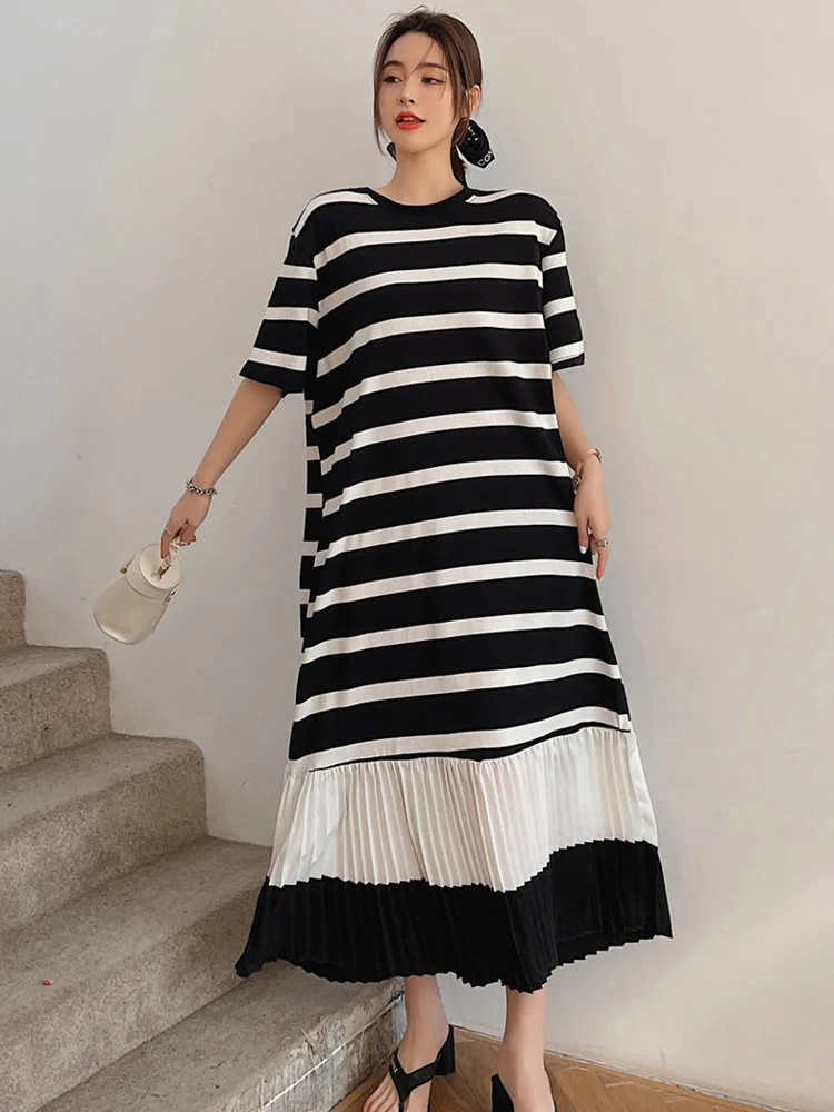 

Color Block Stitching Short Sleeve Dress For Women 2022 Summer New Striped Loose Casual Streetwear Clothing G188