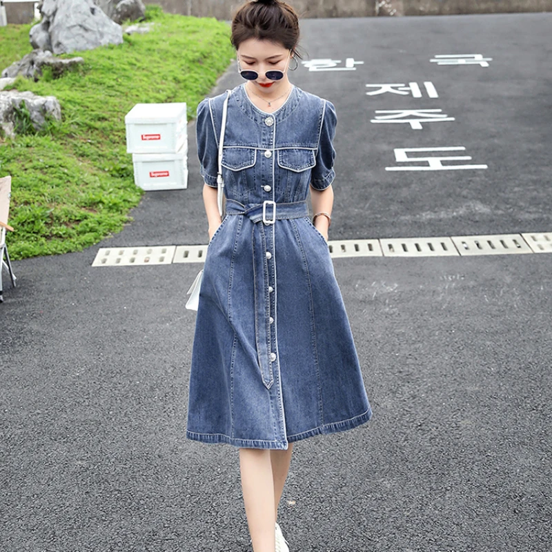 

Vintage Denim Women's Dresses 2023 New Slim Fit Clothing Solid Short Sleeve Fashion Spring/Summer empire Women Dress