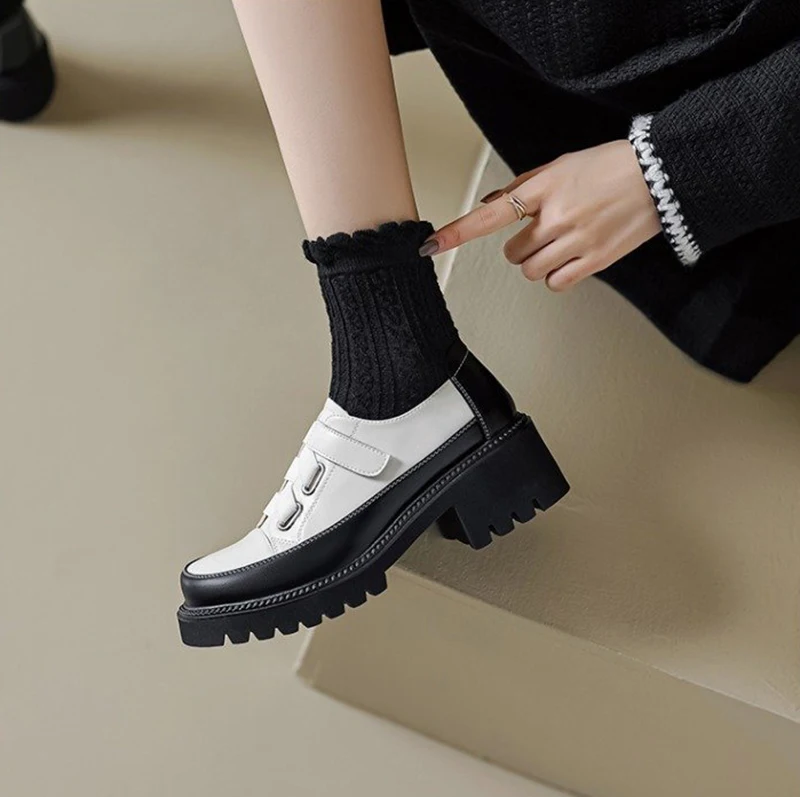 Retro Platform Flats Shoes Women Eco-friendly Leather Mixed Color Oxfords Square Toe Hook Loop Comfortable Work Ladies Shoes