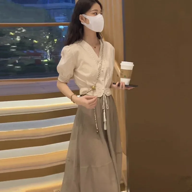 

2022 New Summer Top Salt Suit Adult Lady like Woman Lightly Mature Fashion Two-Piece Set Small Skirt