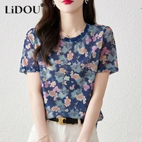 summer new korean style floral casual pullover female elegant fashion print short sleeve tops women chiffon sweat femme clothes