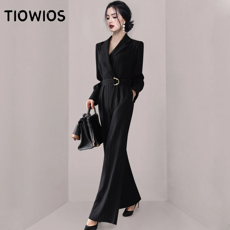 

TIOWIOS 2022 Spring New Korean Temperament Suit Collar Tie Waist Striped Wide-leg Pants Professional Jumpsuit
