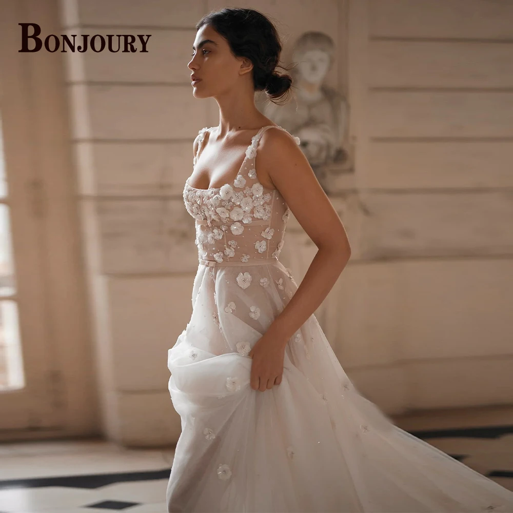 

BONJOURY Fancy Wedding Dress Tank Square Collar Backless 2023 For Women Bride Vestido De Noiva Made To Order Appliques Formal