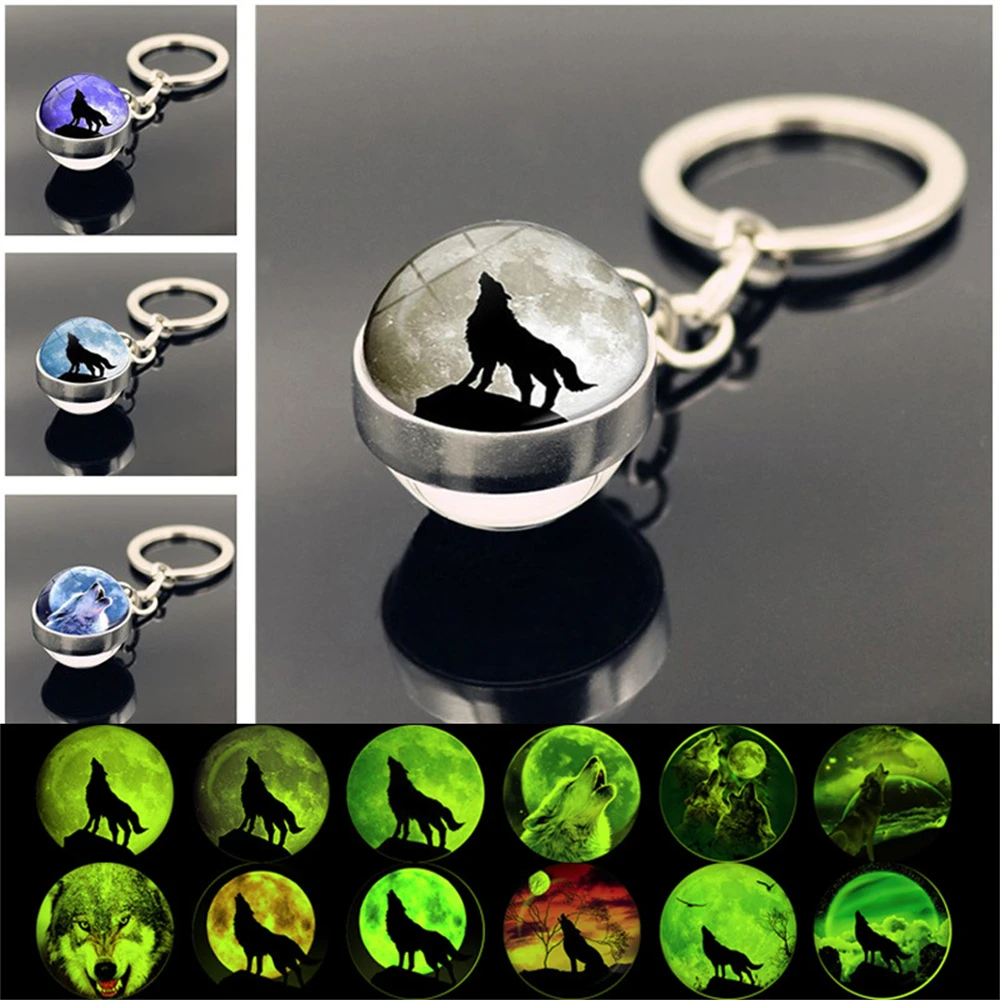 

Luminous Howling Wolf Ball Keychain Double-sided Glow in the Dark Wolf Head Charms Key Chain Keyring Keychains Jewelry Car Gift