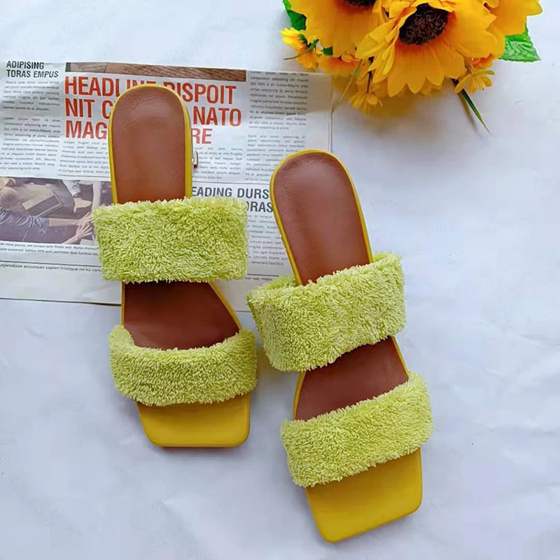 Fashion Slides Woman Shoes Sandals Slippers Crystal Heel Mid Heel Sandals Summer Soft Plush Comfortable Women's Slippers Slip On